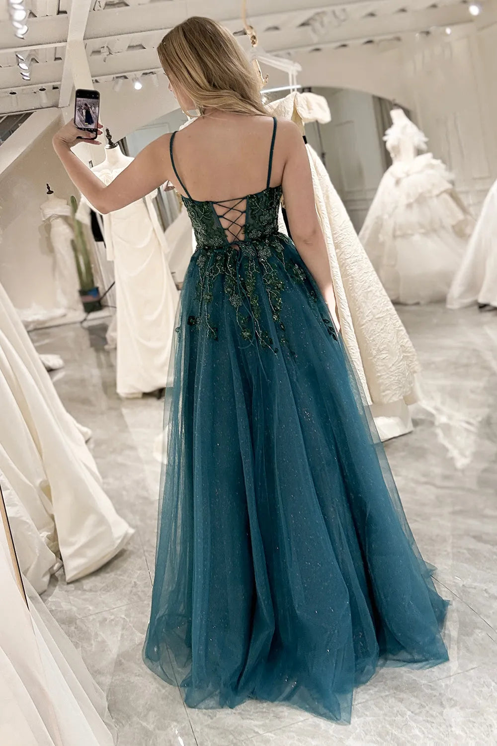 Wholesale Dark Green A-Line Spaghetti Straps Long Prom Dress With Slit And Beading prom dresses with long sleeves